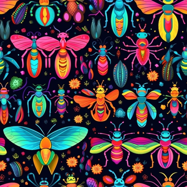 Un primer plano de un colorido patrón de insectos y flores ai generativo