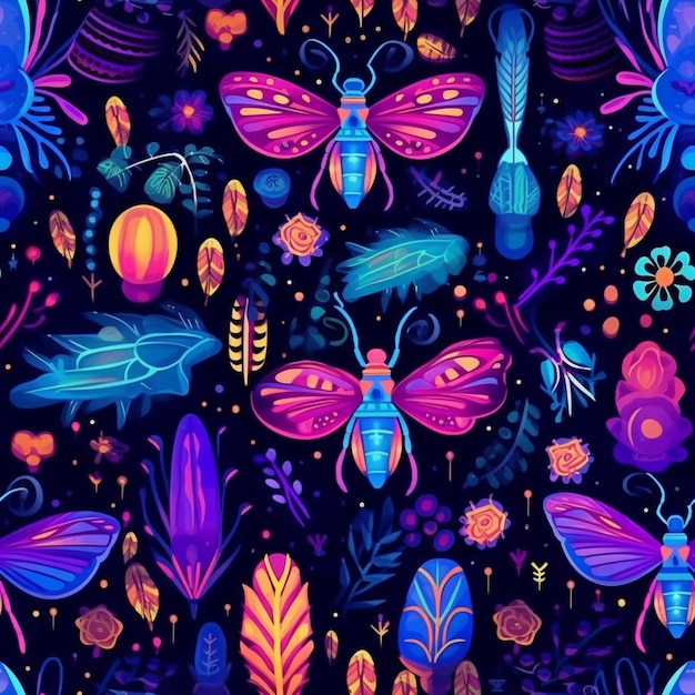 Un primer plano de un colorido patrón de mariposas y plantas ai generativo