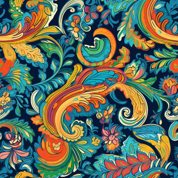 un primer plano de un colorido patrón de paisley en un fondo azul generativo ai