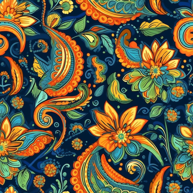 Foto un primer plano de un colorido patrón de paisley en un fondo azul generativo ai