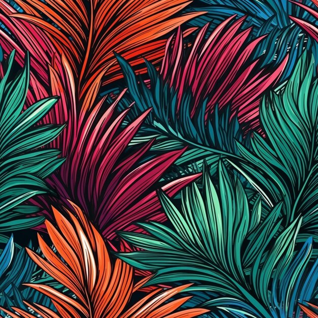 un primer plano de un colorido patrón tropical con hojas generativas ai