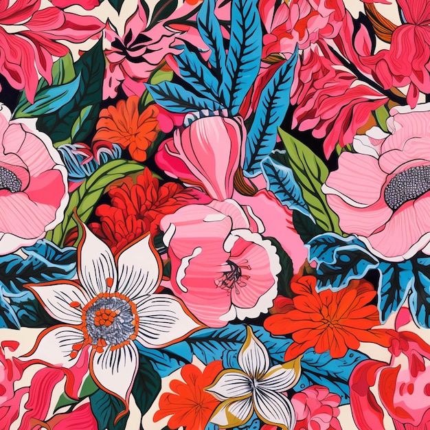 Un primer plano de un colorido tejido estampado floral con muchas flores ai generativo