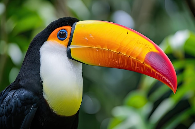 Primer plano de un colorido tucano en la jungla