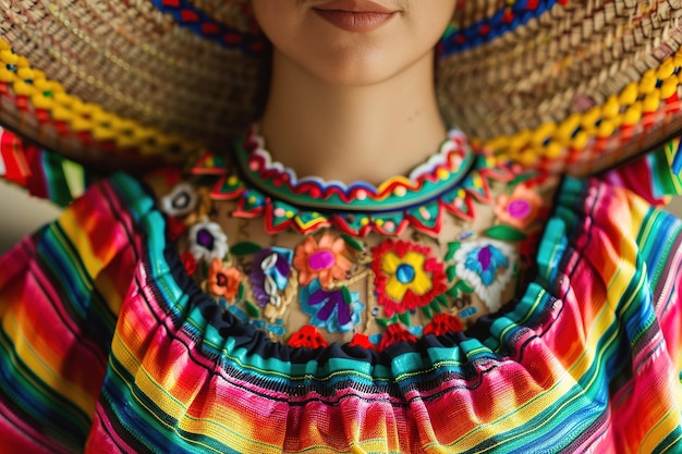 Un primer plano de un colorido vestido tradicional mexicano bordado y un sombrero