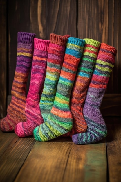 Primer plano de coloridos calcetines de punto sobre un fondo de madera creado con ai generativo