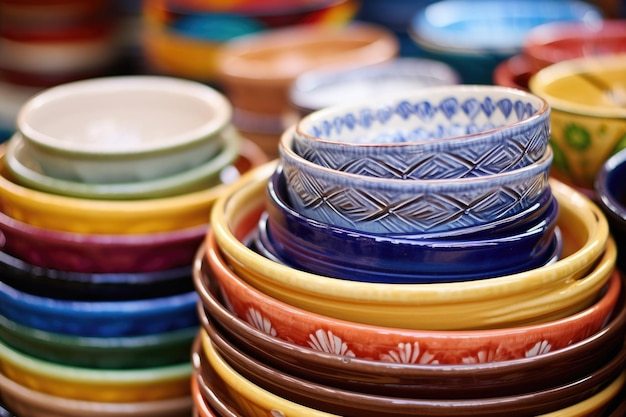 Foto primer plano de coloridos cuencos de cerámica hechos a mano apilados juntos