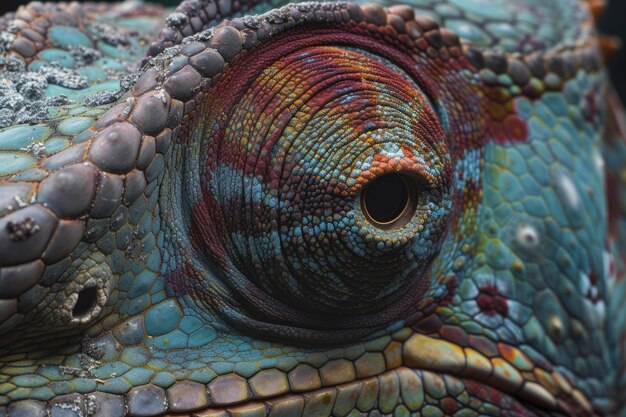 Foto un primer plano de los coloridos ojos y la textura de la piel de la iguana