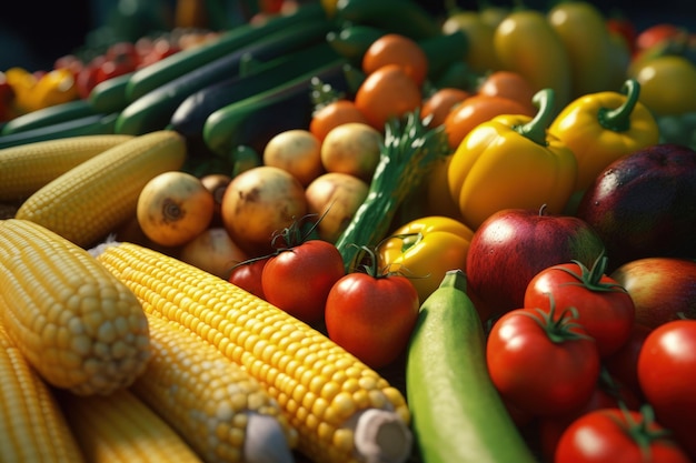 Primer plano de coloridos productos frescos en el mercado de agricultores