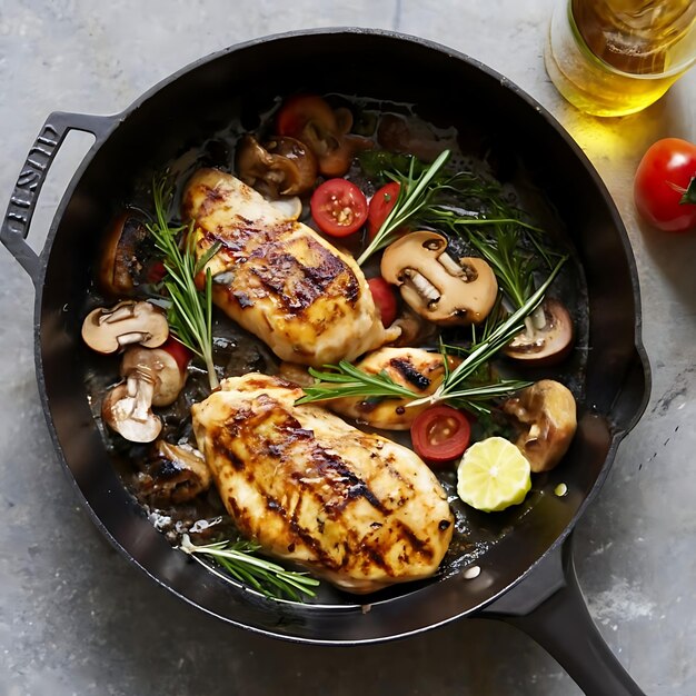 Foto un primer plano de comida casera saludable, pollo a la parrilla en una sartén con verduras verdes