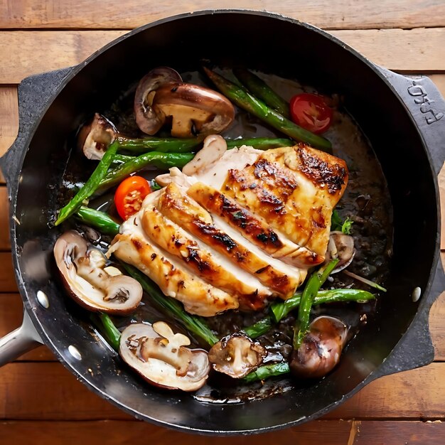 Foto un primer plano de comida casera saludable, pollo a la parrilla en una sartén con verduras verdes