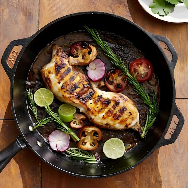 Un primer plano de comida casera saludable, pollo a la parrilla en una sartén con verduras verdes