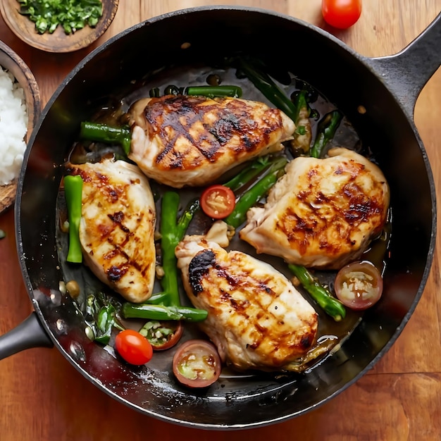 Un primer plano de comida casera saludable, pollo a la parrilla en una sartén con verduras verdes