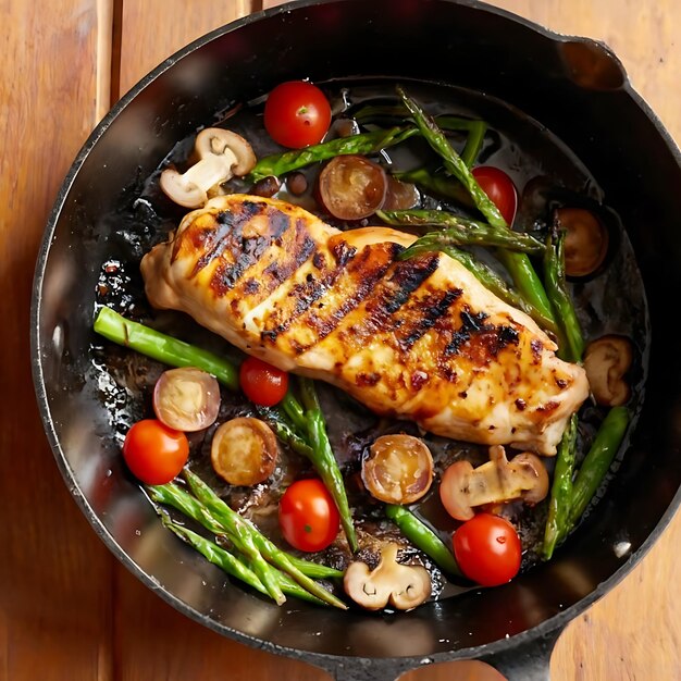 Foto un primer plano de comida casera saludable, pollo a la parrilla en una sartén con verduras verdes