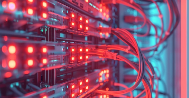 Primer plano de los componentes del servidor iluminados con luces rojas en un entorno oscuro