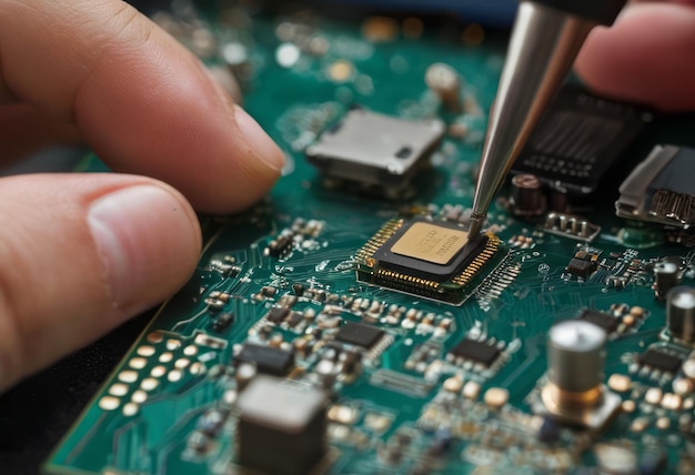 Foto primer plano de los componentes de soldadura del técnico en una placa de circuitos con precisión y tecnología en foco