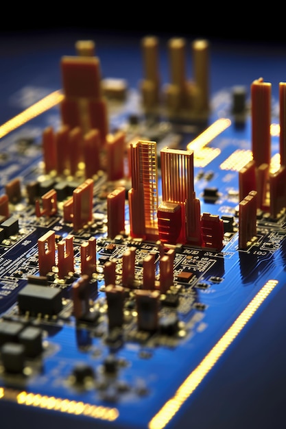 Un primer plano de una computadora con una ciudad en la parte superior