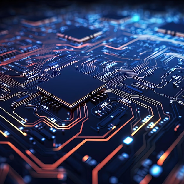 un primer plano de una computadora con una placa de circuito roja y naranja.