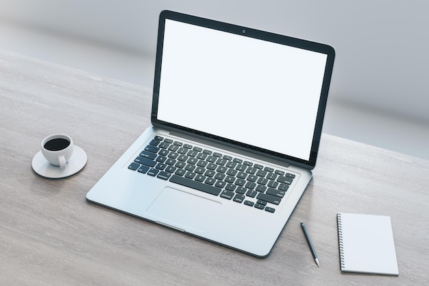 Primer plano de una computadora portátil blanca vacía en un escritorio de madera con una taza de café, un bolígrafo, un lugar simulado en la pantalla, un fondo borroso, representación 3D