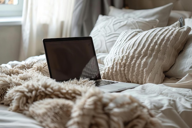 Foto un primer plano de una computadora portátil en una cama con almohadas esponjosas y una manta acogedora que sugiere un trabajo relajado desde el hogar