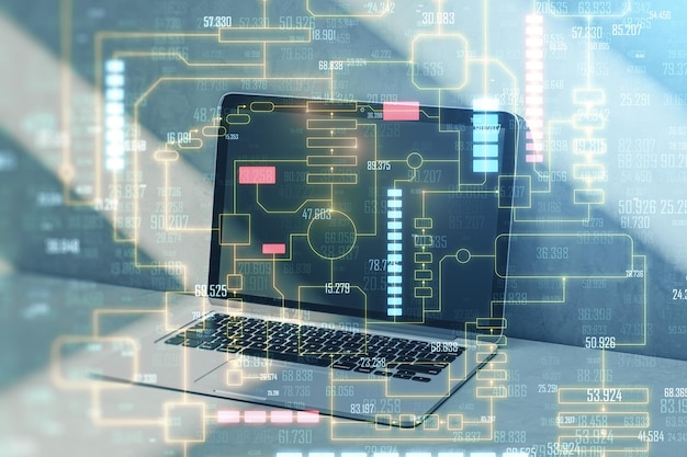 Primer plano de la computadora portátil en el escritorio con holograma de big data de tecnología creativa sobre fondo de pared de hormigón Tecnología futura información ai y concepto de innovación Doble exposición