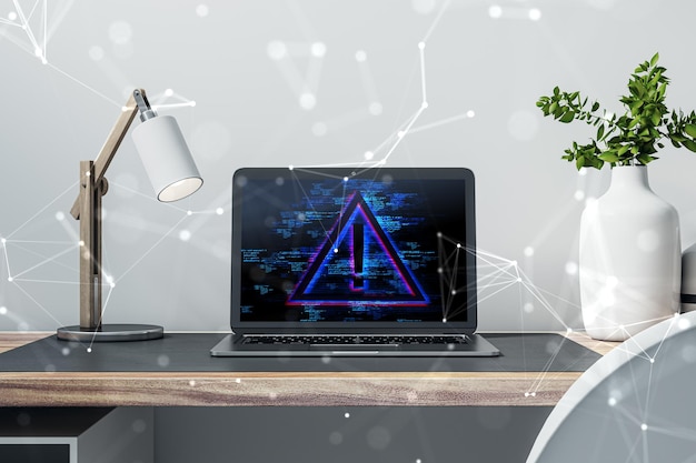Primer plano de la computadora portátil en el escritorio con holograma de signo de exclamación poligonal sobre fondo de pared brillante Concepto de tecnología y malware de piratería Representación 3D