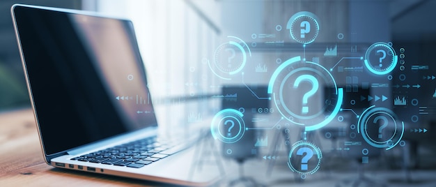 Primer plano de la computadora portátil en el escritorio con interfaz de signo de interrogación abstracto borroso Resolución de problemas y concepto de preguntas frecuentes Doble exposición