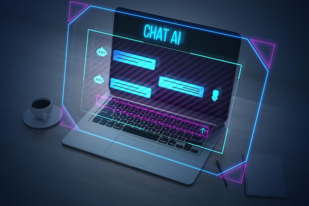 Primer plano de la computadora portátil en el escritorio con taza de café y holograma de chat de IA creativa en fondo borroso Concepto de chat GPT y bot de comunicación Exposición doble