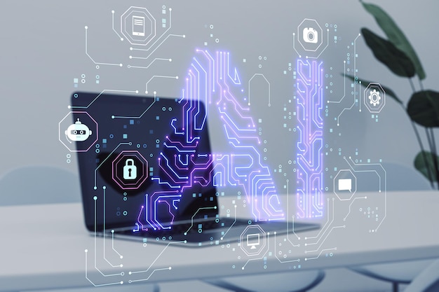 Primer plano de una computadora portátil en un fondo claro con un holograma de IA azul brillante y una planta decorativa Tecnología de inteligencia artificial y concepto de innovación