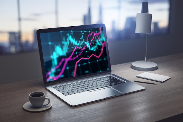 Primer plano de la computadora portátil con gráfico de divisas en la pantalla en el lugar de trabajo de la oficina con vista de la ciudad de la ventana y taza de café Finanzas de mercado y concepto de comercio en línea Representación 3D
