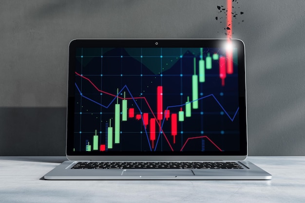 Primer plano de la computadora portátil con gráfico de forex financiero en el lugar de trabajo Mercado de la economía de valores y concepto de comercio Representación 3D