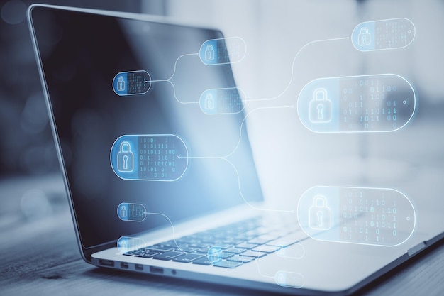 Primer plano de la computadora portátil con grandes datos abstractos y nodos de seguridad en el fondo borroso Concepto de programación y seguridad web de tecnología Doble exposición