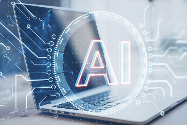 Primer plano de una computadora portátil con un holograma cerebral digital creativo con circuito en fondo borroso Inteligencia artificial y concepto de aprendizaje automático Doble exposición