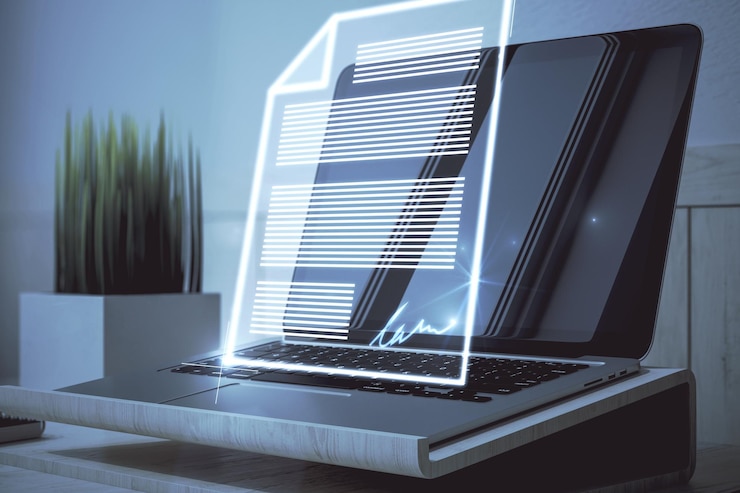 Foto primer plano de la computadora portátil con holograma de documento digital abstracto firma electrónica y concepto de transformación representación 3d