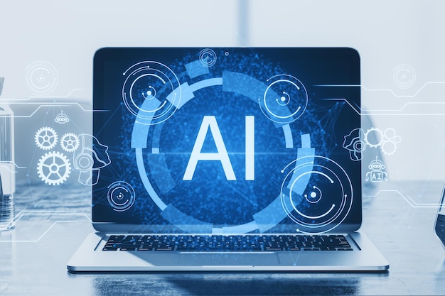 Primer plano de una computadora portátil con un holograma de IA brillante en un fondo borroso Robótica de inteligencia artificial y concepto de chat gpt Renderización 3D