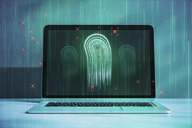 Primer plano de la computadora portátil con huella digital brillante abstracta en la pantalla Forense y concepto de identificación Representación 3D