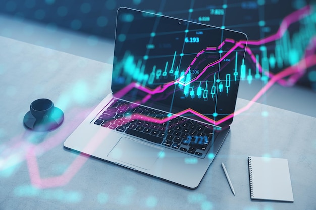 Primer plano de la computadora portátil en el lugar de trabajo con taza de café y gráfico de índice de forex brillante con cuadrícula sobre fondo borroso Finanzas de mercado y concepto de comercio en línea Doble exposición