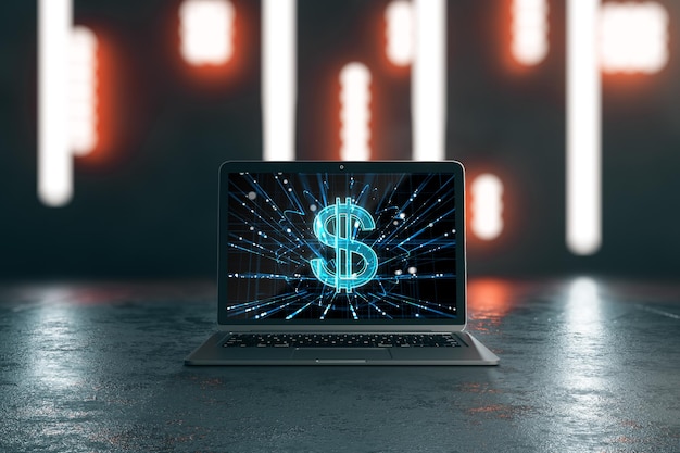 Primer plano de la computadora portátil con signo de dólar en la pantalla en el lugar de trabajo abstracto con luces borrosas brillantes Representación 3D