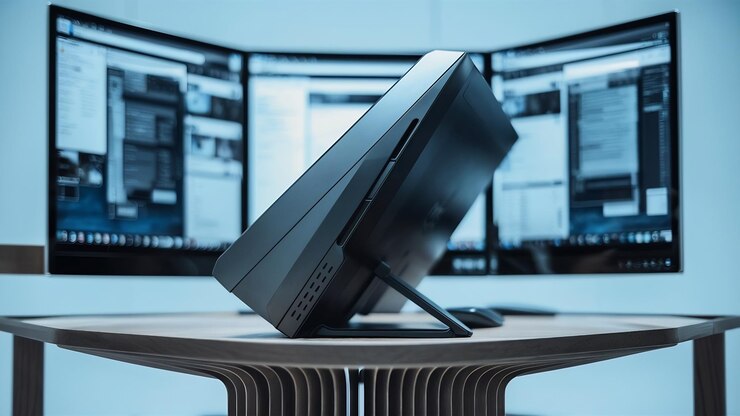 Foto primer plano en una computadora profesional colocada en el escritorio