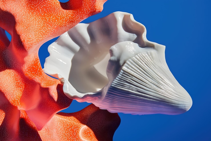 Foto un primer plano de una concha espiral blanca y un coral rojo vibrante con un fondo azul neón