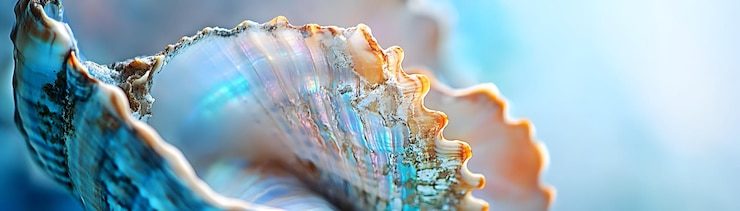 Foto un primer plano de una concha de mar azul y marrón con un interior iridescente