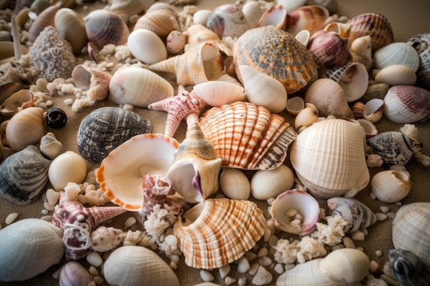 Primer plano de conchas y otros tesoros para caminar por la playa creados con inteligencia artificial generativa