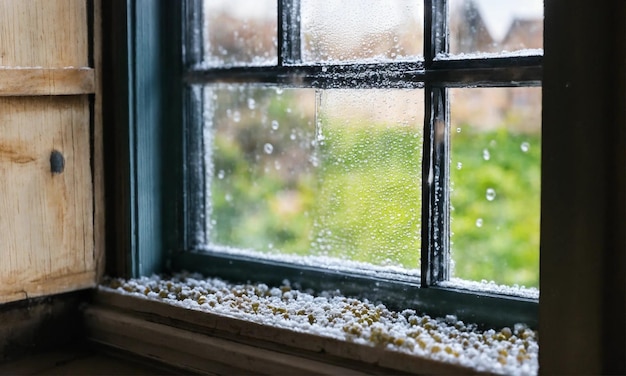 Primer plano de la condensación de la ventana de doble acristalamiento