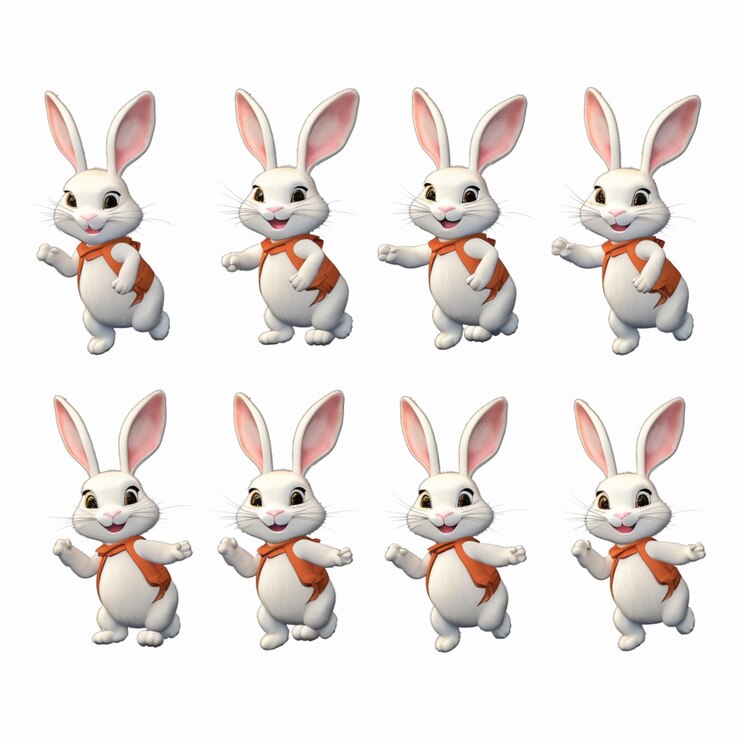 Foto un primer plano de un conejo de dibujos animados con diferentes poses ai generative
