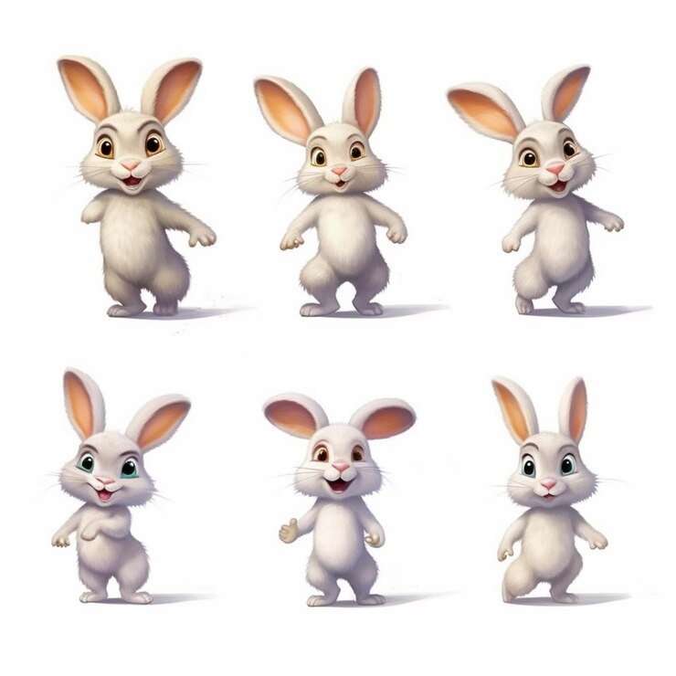 Foto un primer plano de un conejo de dibujos animados con diferentes posturas generativas ai