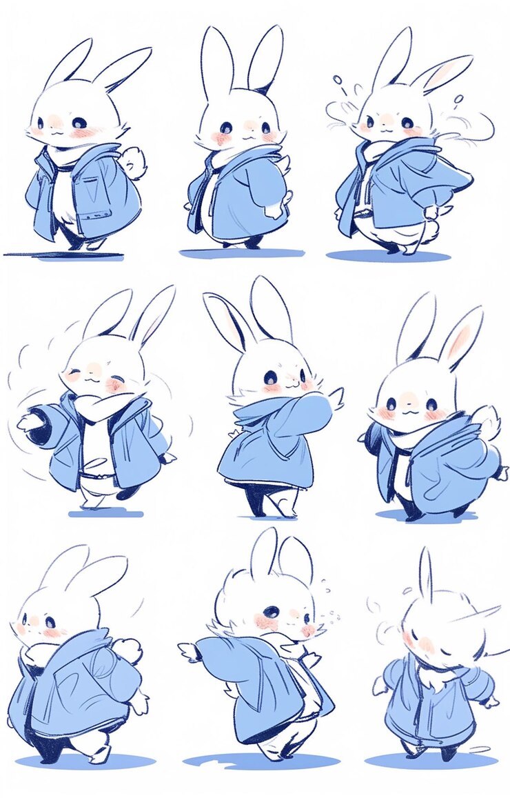 Foto un primer plano de un conejo de dibujos animados con varias poses generativa ai