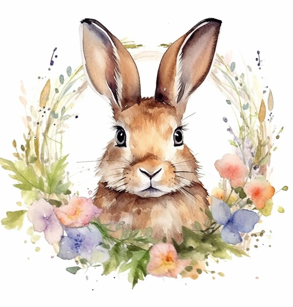 Un primer plano de un conejo con flores a su alrededor ai generativo