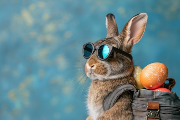Primer plano de un conejo de Pascua con gafas de sol y una mochila