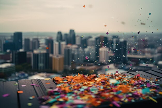 Primer plano de confeti de colores cayendo del cielo con una vista de la ciudad en el fondo