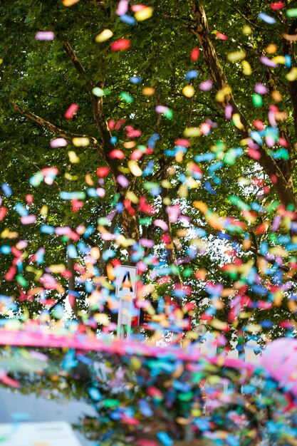 Foto primer plano de confeti multicolor con árboles en el fondo