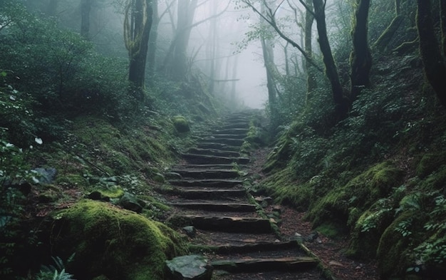 un primer plano de un conjunto de escaleras en un bosque generativo ai